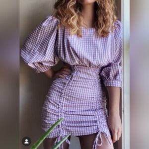 Zara mini check dress light mauve/white with puff sleeves